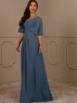 Mother Dress V-Neck Short Sleeves A-Line Pleated Wedding Guest Dresses
