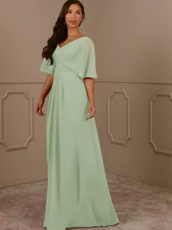 Mother Dress V-Neck Short Sleeves A-Line Pleated Wedding Guest Dresses