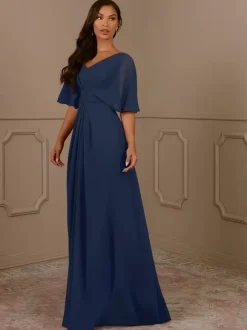 Mother Dress V-Neck Short Sleeves A-Line Pleated Wedding Guest Dresses