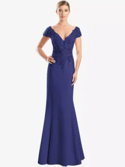 Mother Dress V-Neck Short Sleeves Mermaid Lace Guest Dresses For Wedding