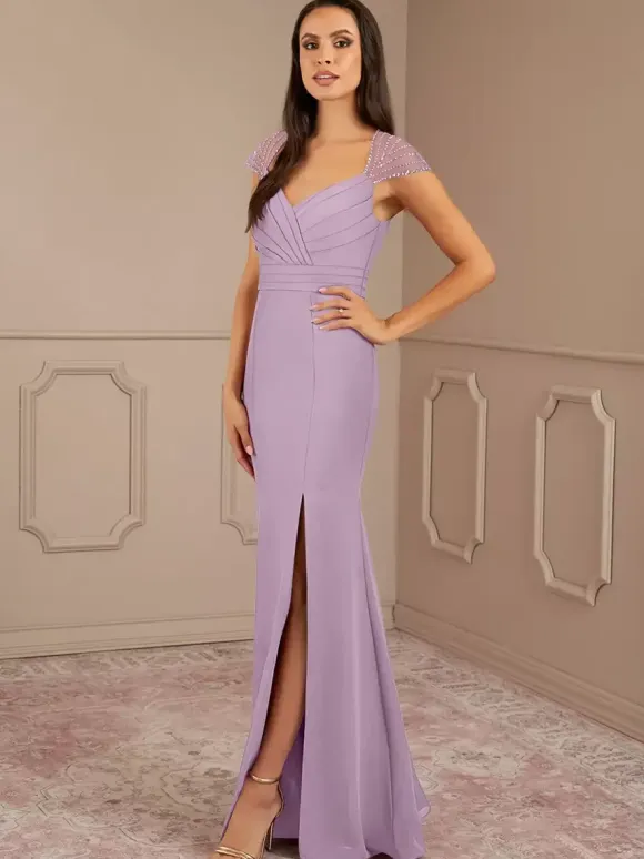 Mother Dress V-Neck Short Sleeves Mermaid Pleated Wedding Guest Dresses