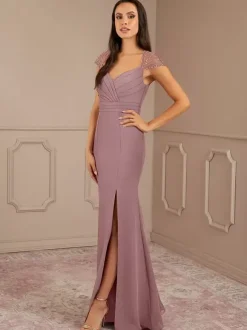 Mother Dress V-Neck Short Sleeves Mermaid Pleated Wedding Guest Dresses
