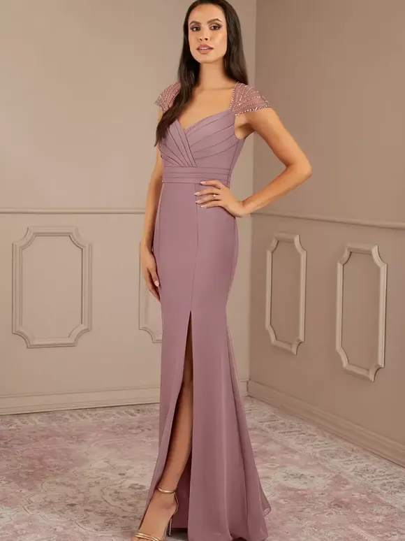 Mother Dress V-Neck Short Sleeves Mermaid Pleated Wedding Guest Dresses