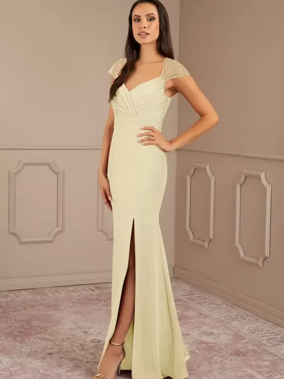Mother Dress V-Neck Short Sleeves Mermaid Pleated Wedding Guest Dresses