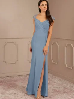 Mother Dress V-Neck Short Sleeves Mermaid Pleated Wedding Guest Dresses