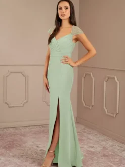 Mother Dress V-Neck Short Sleeves Mermaid Pleated Wedding Guest Dresses