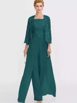 Mother Gowns Of The Bride Bateau Neck Long Sleeves A-Line Lace Light Grey Guest Pants With Sash Three Piece For Wedding Free Customization