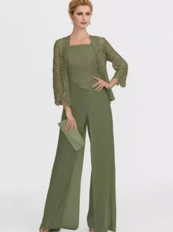 Mother Gowns Of The Bride Bateau Neck Long Sleeves A-Line Lace Light Grey Guest Pants With Sash Three Piece For Wedding Free Customization