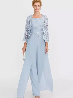Mother Gowns Of The Bride Bateau Neck Long Sleeves A-Line Lace Light Grey Guest Pants With Sash Three Piece For Wedding Free Customization