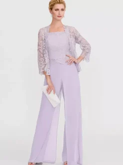 Mother Gowns Of The Bride Bateau Neck Long Sleeves A-Line Lace Light Grey Guest Pants With Sash Three Piece For Wedding Free Customization