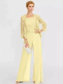 Mother Gowns Of The Bride Bateau Neck Long Sleeves A-Line Lace Light Grey Guest Pants With Sash Three Piece For Wedding Free Customization
