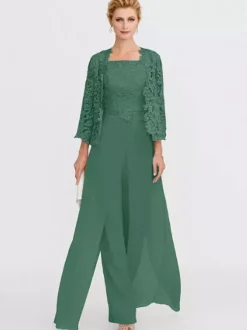 Mother Gowns Of The Bride Bateau Neck Long Sleeves A-Line Lace Light Grey Guest Pants With Sash Three Piece For Wedding Free Customization