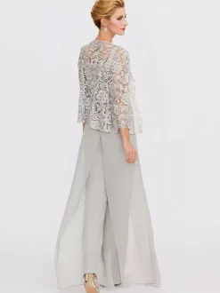Mother Gowns Of The Bride Bateau Neck Long Sleeves A-Line Lace Light Grey Guest Pants With Sash Three Piece For Wedding Free Customization