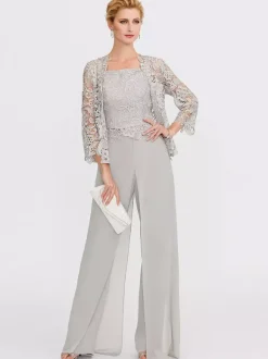 Mother Gowns Of The Bride Bateau Neck Long Sleeves A-Line Lace Light Grey Guest Pants With Sash Three Piece For Wedding Free Customization