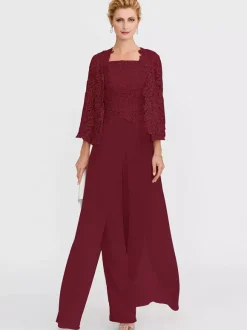 Mother Gowns Of The Bride Bateau Neck Long Sleeves A-Line Lace Light Grey Guest Pants With Sash Three Piece For Wedding Free Customization