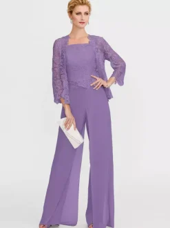 Mother Gowns Of The Bride Bateau Neck Long Sleeves A-Line Lace Light Grey Guest Pants With Sash Three Piece For Wedding Free Customization