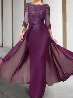 Mother Dress Bateau Navy Neck 3/4 Length Sleeves Sheath Beaded Floor-Length Guest Dresses For Wedding Free Customization