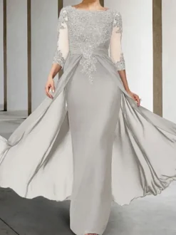 Mother Dress Bateau Navy Neck 3/4 Length Sleeves Sheath Beaded Floor-Length Guest Dresses For Wedding Free Customization
