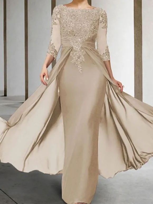 Mother Dress Bateau Navy Neck 3/4 Length Sleeves Sheath Beaded Floor-Length Guest Dresses For Wedding Free Customization