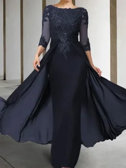 Mother Dress Bateau Navy Neck 3/4 Length Sleeves Sheath Beaded Floor-Length Guest Dresses For Wedding Free Customization