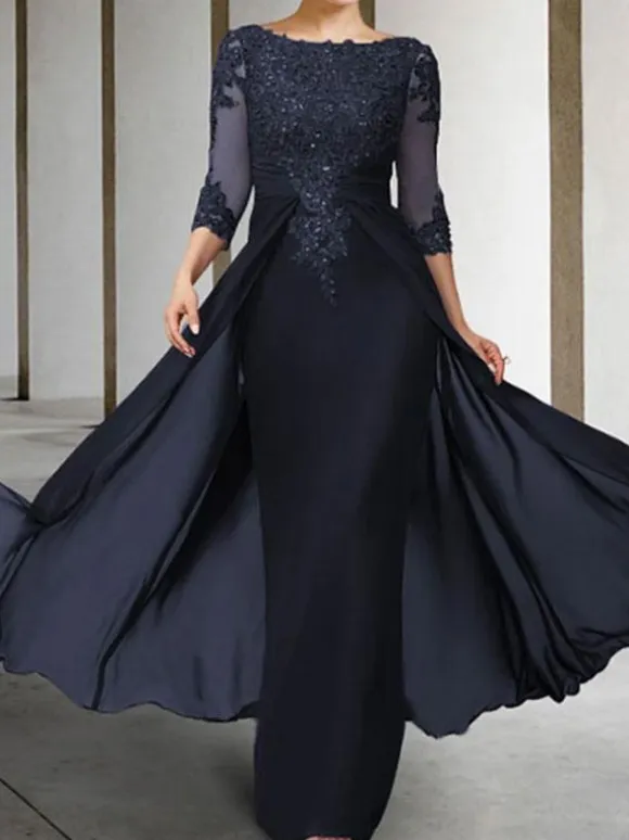 Mother Dress Bateau Navy Neck 3/4 Length Sleeves Sheath Beaded Floor-Length Guest Dresses For Wedding Free Customization