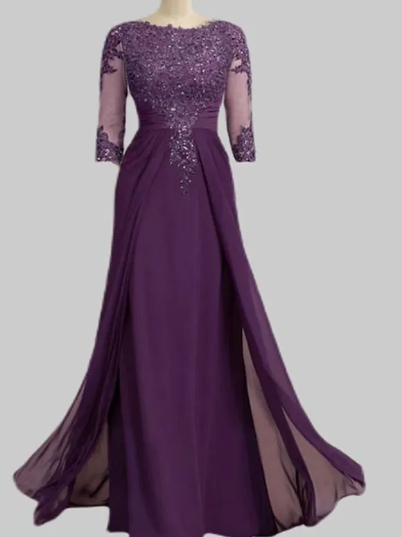 Mother Dress Bateau Navy Neck 3/4 Length Sleeves Sheath Beaded Floor-Length Guest Dresses For Wedding Free Customization