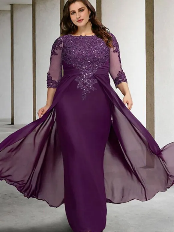 Mother Dress Bateau Navy Neck 3/4 Length Sleeves Sheath Beaded Floor-Length Guest Dresses For Wedding Free Customization