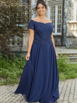 Mother Dress Bateau Neck Short Sleeves A-Line Lace Floor-Length Wedding Guest Dresses