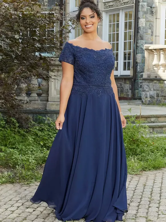 Mother Dress Bateau Neck Short Sleeves A-Line Lace Floor-Length Wedding Guest Dresses