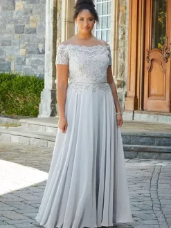 Mother Dress Bateau Neck Short Sleeves A-Line Lace Floor-Length Wedding Guest Dresses