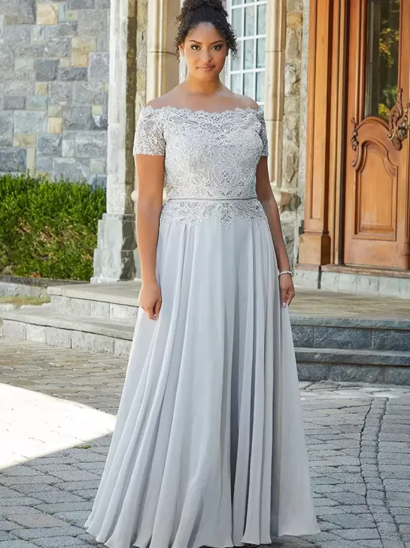Mother Dress Bateau Neck Short Sleeves A-Line Lace Floor-Length Wedding Guest Dresses