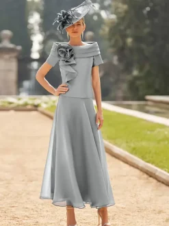 Mother Dress Bateau Neck Short Sleeves Two-piece Flowers Ankle-Length Wedding Guest Dresses