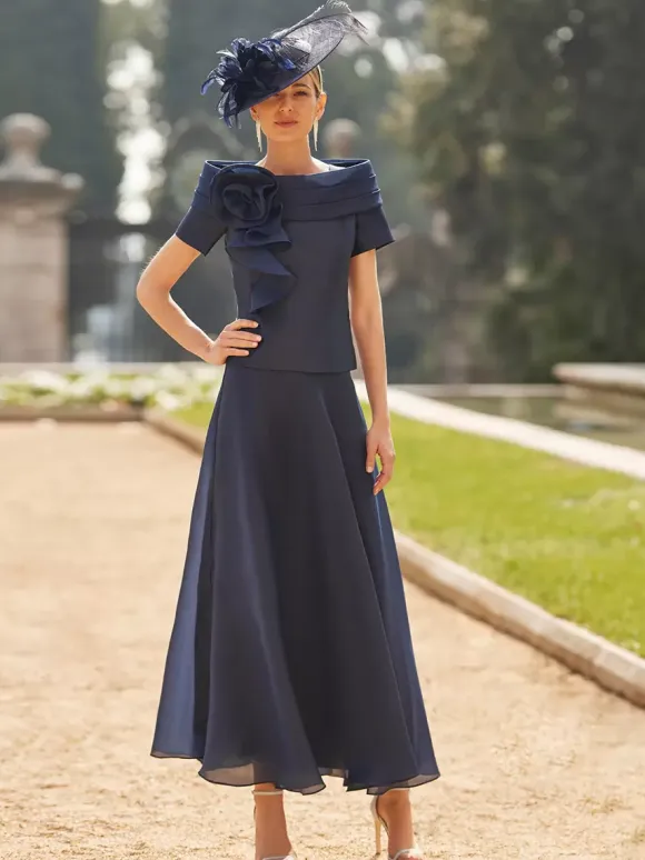 Mother Dress Bateau Neck Short Sleeves Two-piece Flowers Ankle-Length Wedding Guest Dresses