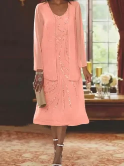 Mother Dress Designed Neckline Long Sleeves Two-piece Sequins Guest Dresses For Wedding
