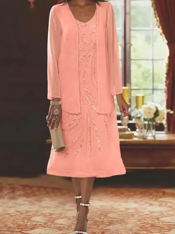 Mother Dress Designed Neckline Long Sleeves Two-piece Sequins Guest Dresses For Wedding
