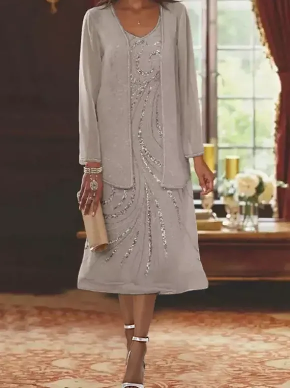 Mother Dress Designed Neckline Long Sleeves Two-piece Sequins Guest Dresses For Wedding