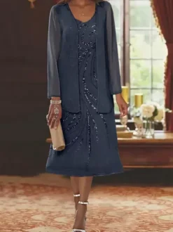Mother Dress Designed Neckline Long Sleeves Two-piece Sequins Guest Dresses For Wedding
