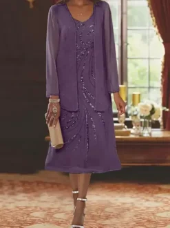 Mother Dress Designed Neckline Long Sleeves Two-piece Sequins Guest Dresses For Wedding