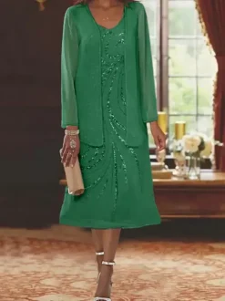 Mother Dress Designed Neckline Long Sleeves Two-piece Sequins Guest Dresses For Wedding