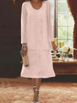 Mother Dress Designed Neckline Long Sleeves Two-piece Sequins Guest Dresses For Wedding