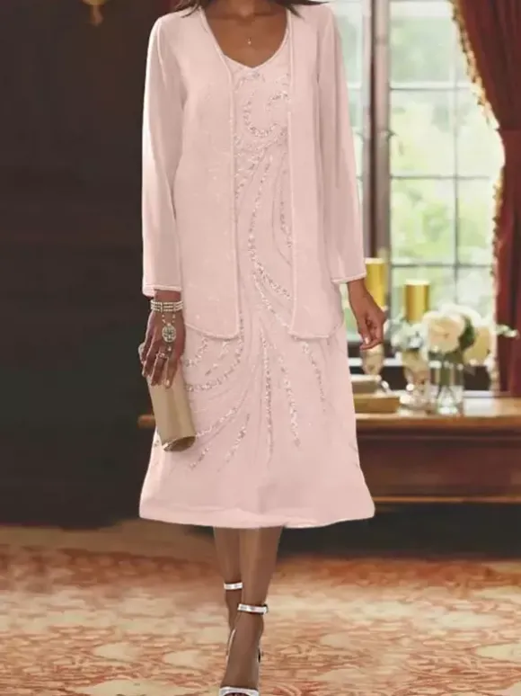 Mother Dress Designed Neckline Long Sleeves Two-piece Sequins Guest Dresses For Wedding