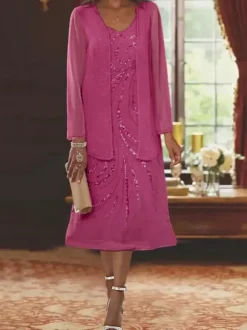 Mother Dress Designed Neckline Long Sleeves Two-piece Sequins Guest Dresses For Wedding
