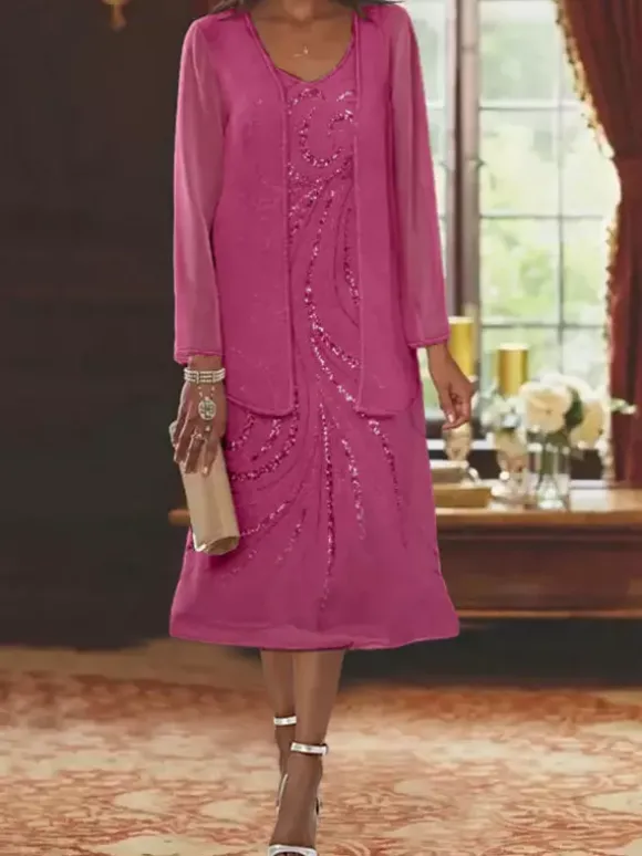 Mother Dress Designed Neckline Long Sleeves Two-piece Sequins Guest Dresses For Wedding