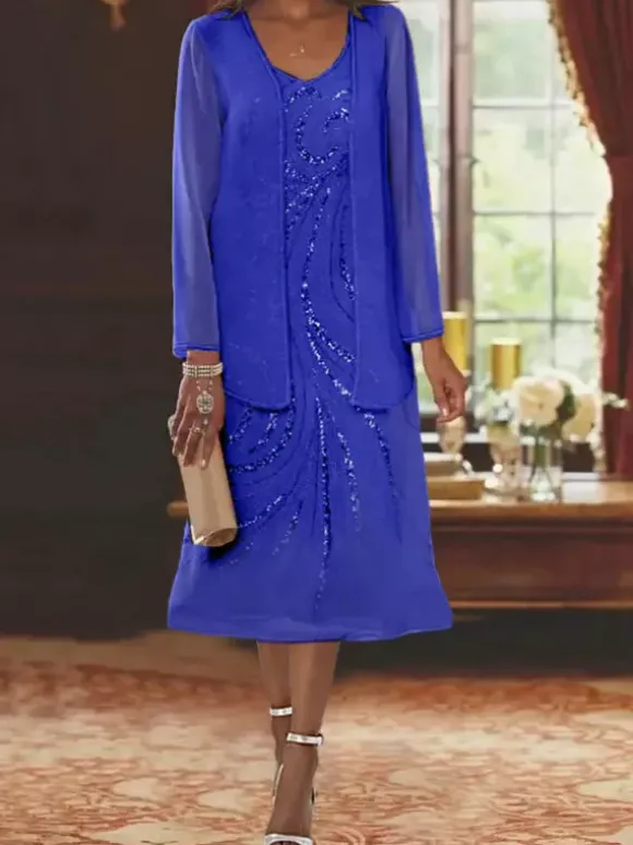 Mother Dress Designed Neckline Long Sleeves Two-piece Sequins Guest Dresses For Wedding