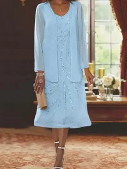 Mother Dress Designed Neckline Long Sleeves Two-piece Sequins Guest Dresses For Wedding