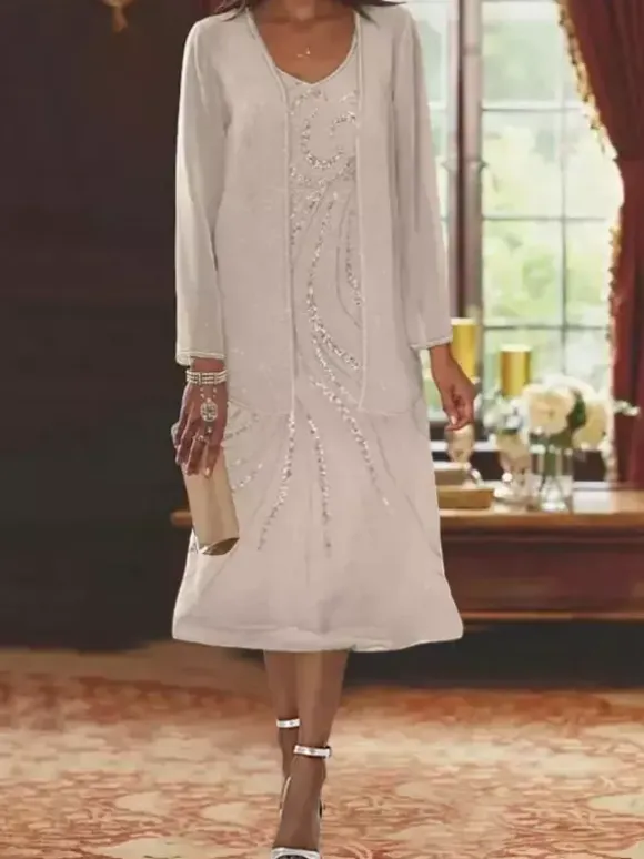 Mother Dress Designed Neckline Long Sleeves Two-piece Sequins Guest Dresses For Wedding
