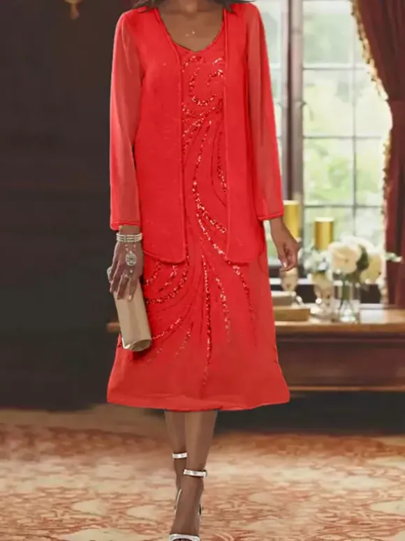 Mother Dress Designed Neckline Long Sleeves Two-piece Sequins Guest Dresses For Wedding