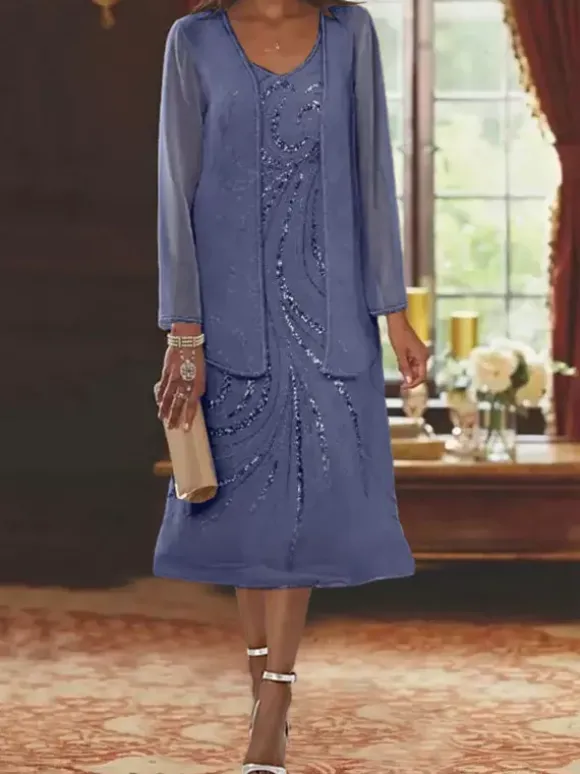 Mother Dress Designed Neckline Long Sleeves Two-piece Sequins Guest Dresses For Wedding
