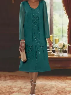 Mother Dress Designed Neckline Long Sleeves Two-piece Sequins Guest Dresses For Wedding