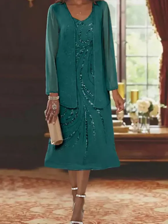 Mother Dress Designed Neckline Long Sleeves Two-piece Sequins Guest Dresses For Wedding